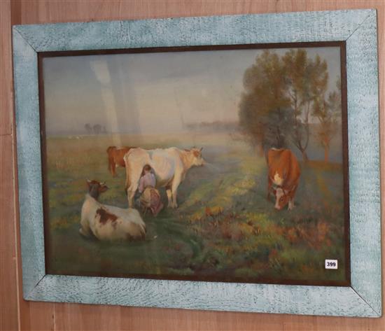 Late 19th century English School, pastel, Milkmaid and cows in a meadow, 58 x 83cm